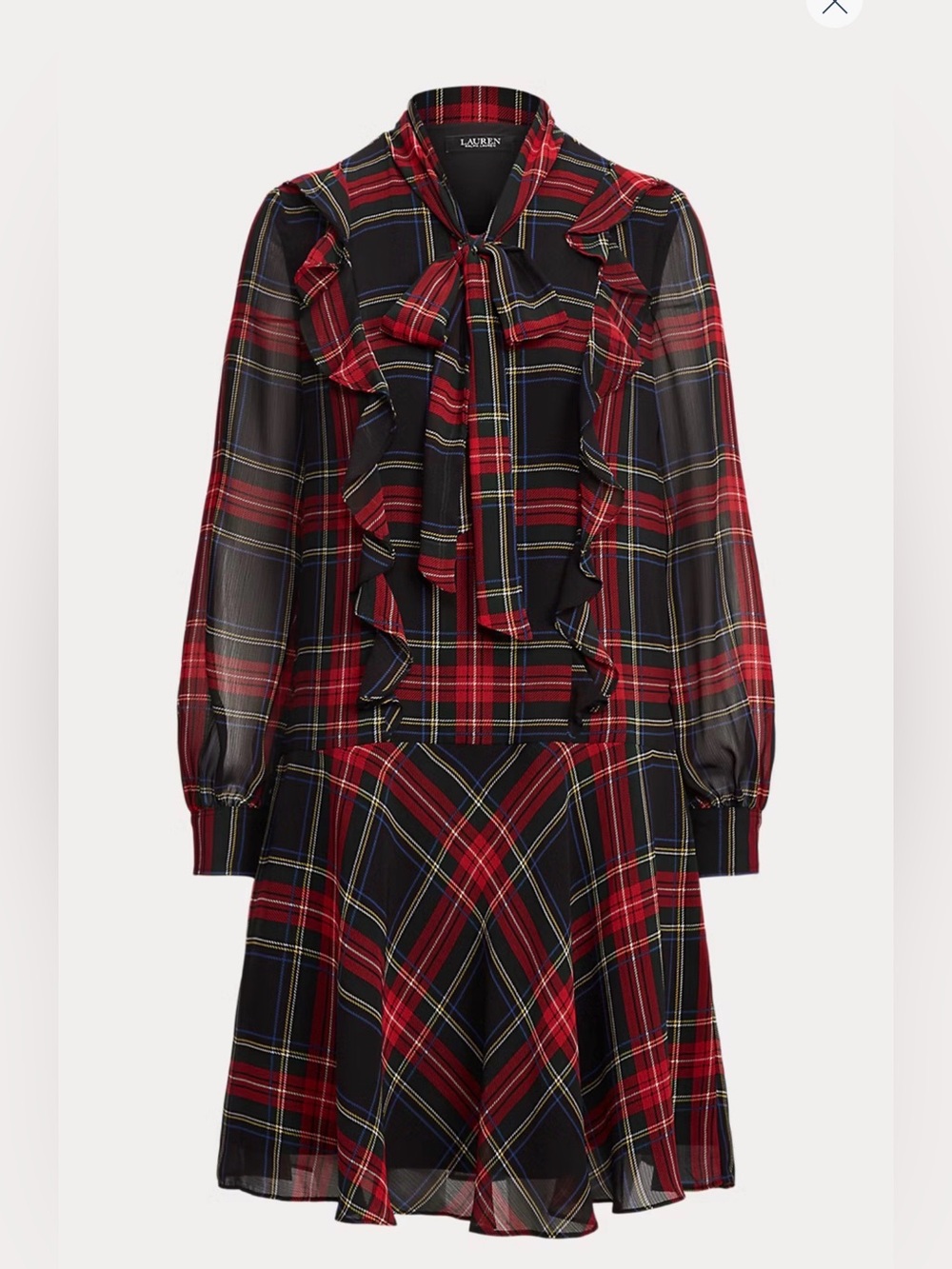Lauren Ralph Lauren Womens Size 12 Plaid Ruffle Dress Tie Neck Drop Waist Preppy